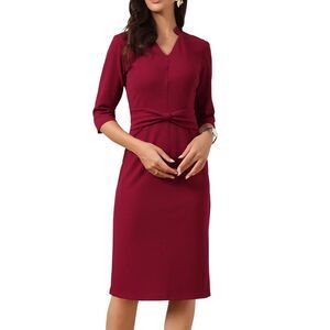 Women Work Dress 3/4 Sleeve Stand Collar V Neck Office Sheath Dress Wine Red